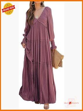 Women's Flowy Maxi Dress Long Sleeve V Neck Empire Waist Ruffle Boho Casual
